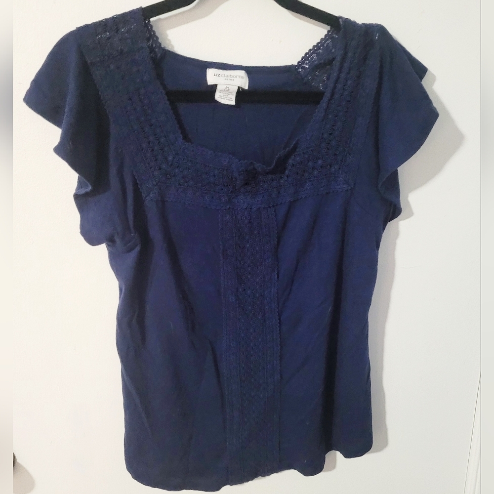 Liz Claiborne Petite sz PL Blue Short Sleeve Shirt Top w/ Lace